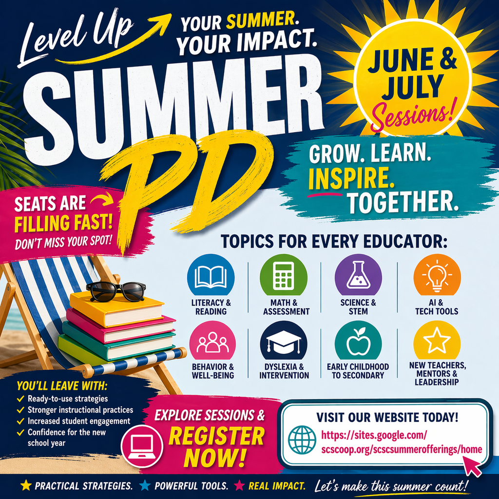 Colorful summer-themed promotional flyer for educator professional development sessions. The design features bold text reading “Level Up Your Summer PD” with a bright sun and beach chair with books. It highlights June and July sessions covering topics such as literacy, math, science, AI tools, behavior support, dyslexia intervention, and leadership. The flyer emphasizes that seats are filling fast and encourages educators to register. A website link is included for exploring sessions and signing up.