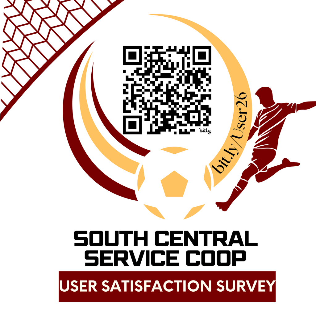 Graphic promoting the South Central Service Cooperative User Satisfaction Survey. The image features a large QR code centered inside a circular design with red and gold swooshes forming a stylized soccer ball. To the right, a silhouette of a soccer player is kicking. Along the curve is the text “bit.ly/User26.” Below, bold text reads “South Central Service Coop” and “User Satisfaction Survey” on a red banner. The overall color scheme is red, gold, black, and white, with a sporty, energetic theme encouraging users to scan the QR code to complete the survey.