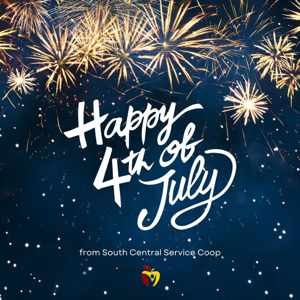 Happy 4th of July from south Central Service Coop with fireworks in the night sky and an apple logo from southcentral coop.