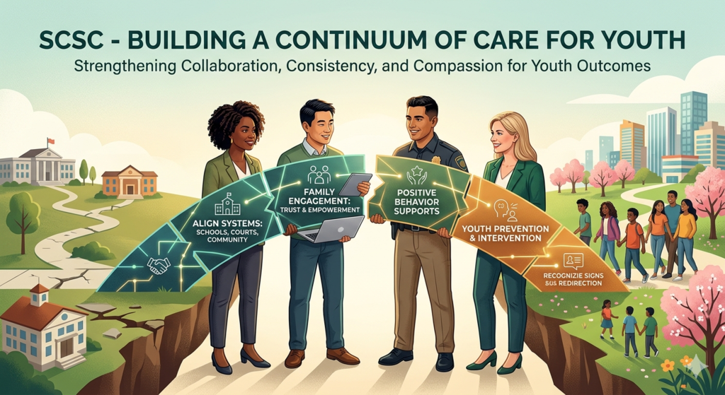 An illustrative infographic titled "SCSC - BUILDING A CONTINUUM OF CARE FOR YOUTH" with the subheading "Strengthening Collaboration, Consistency, and Compassion for Youth Outcomes." The image shows four diverse professionals collaborating to build a glowing, multi-segment bridge across a wide, cracked fissure in the ground. The bridge panels contain text and icons that detail the workshop topics:  ALIGN SYSTEMS: SCHOOLS, COURTS, COMMUNITY (icon of a handshake and linked buildings).  FAMILY ENGAGEMENT: TRUST & EMPOWERMENT (icon of a family and tablet).  POSITIVE BEHAVIOR SUPPORTS (icon of a thumbs-up).  YOUTH PREVENTION & INTERVENTION (head icon) with subtext: RECOGNIZE SIGNS & REDIRECTION.  The bridge leads from a barren area with cracked ground and scattered buildings on the left to a vibrant, lush green landscape on the right, filled with blooming pink trees, a group of diverse teenagers walking happily, and a clean, modern city skyline in the distance. Younger children are playing below them. The image symbolizes bridging gaps and guiding at-risk youth to a positive future.