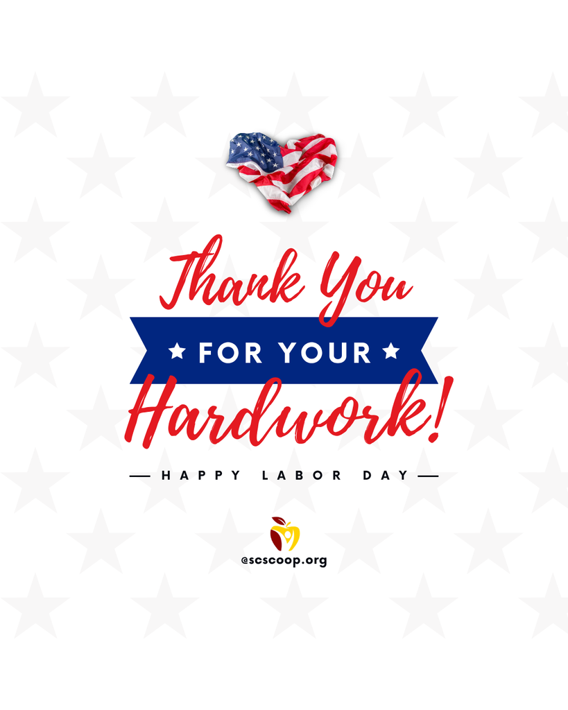 Heart with the American flag and Thank you for your hardwork. Happy Labor Day. Apple logo with scscoop.org