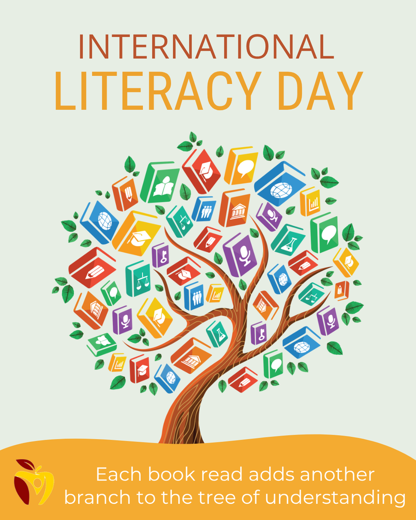 International Literacy Day with a tree of books. Each book read adds another branch to the tree of understanding.