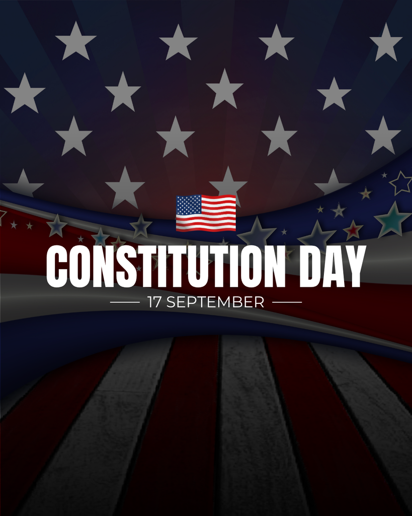American Flag in the background. Small American Flag and Constitution Day 17 September