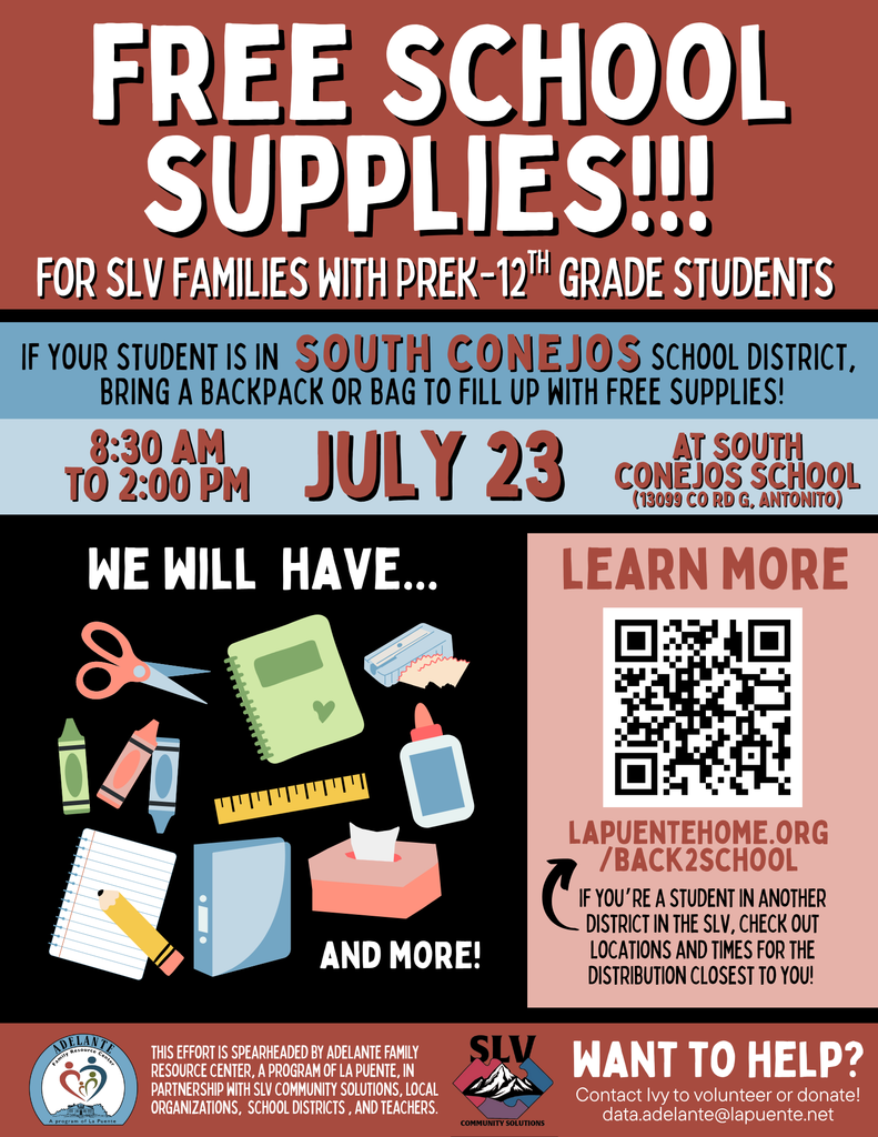 Free School Supply Distribution at South Conejos School District July 23rd from 8:30 - 2:00 pm