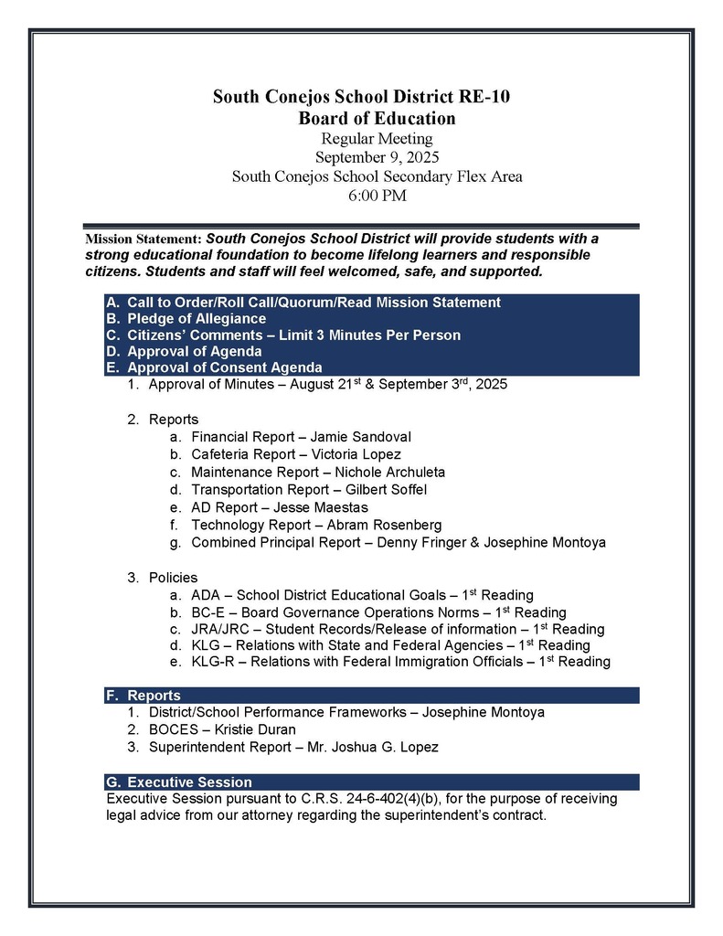South Conejos Regular Board Meeting September 9, 2025