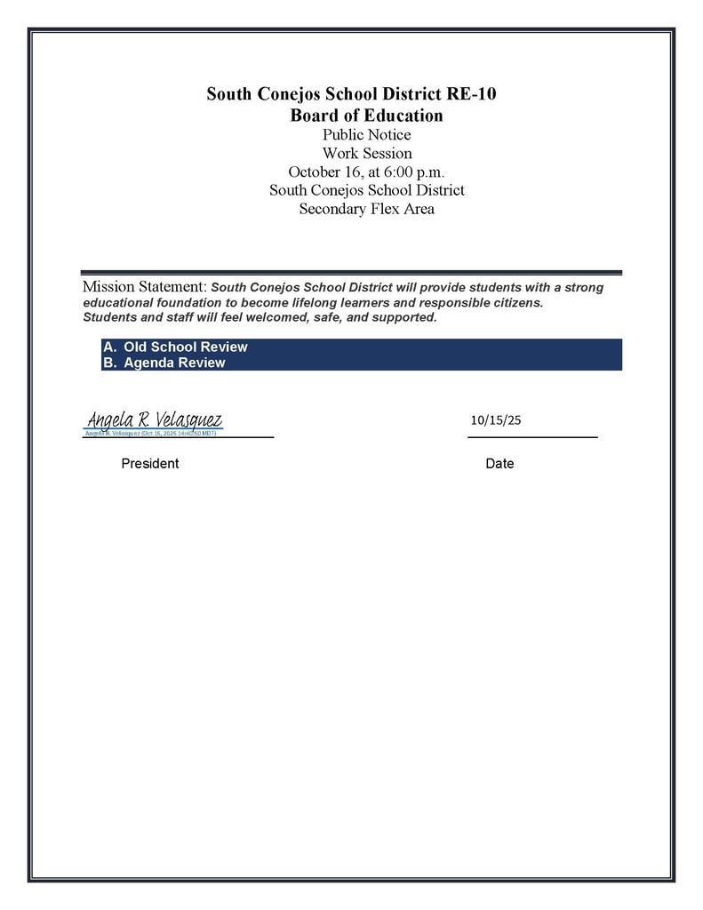 Board Work Session: October 16, 2025 @ 6:00 pm