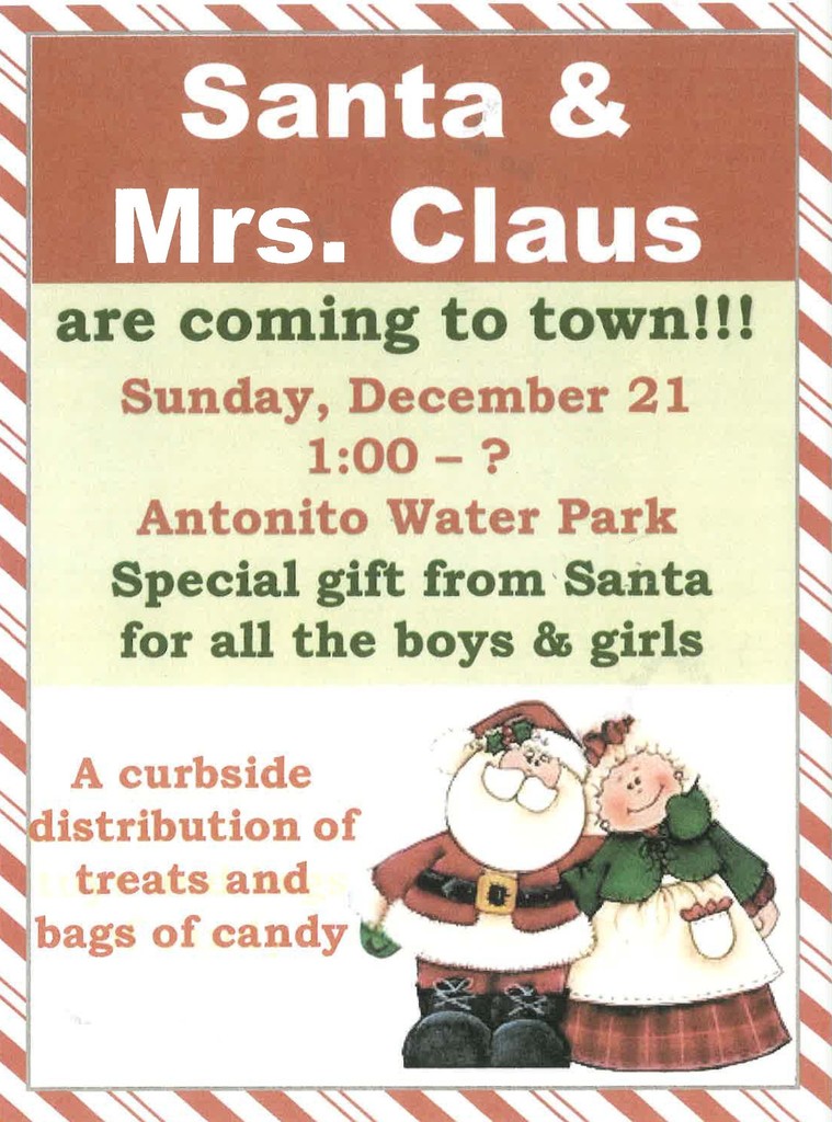 Santa & Mrs. Claus are coming to town Sunday, December 21, at 1:00 p.m. at the Antonito Town Water Park