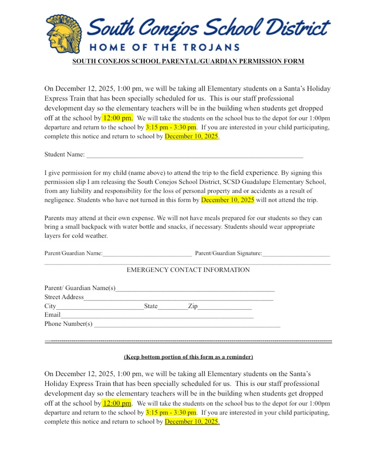 Train Ride Permission Slip