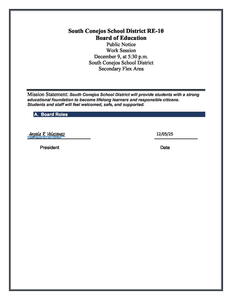 South Conejos School District Board of Education Work Session December 9, 2025 @5:30 pm.