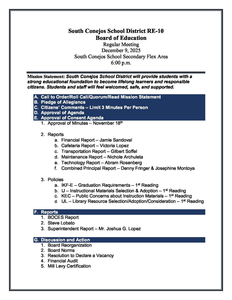 South Conejos School District Regular Meeting on December 9, 2025 @ 6:00 PM