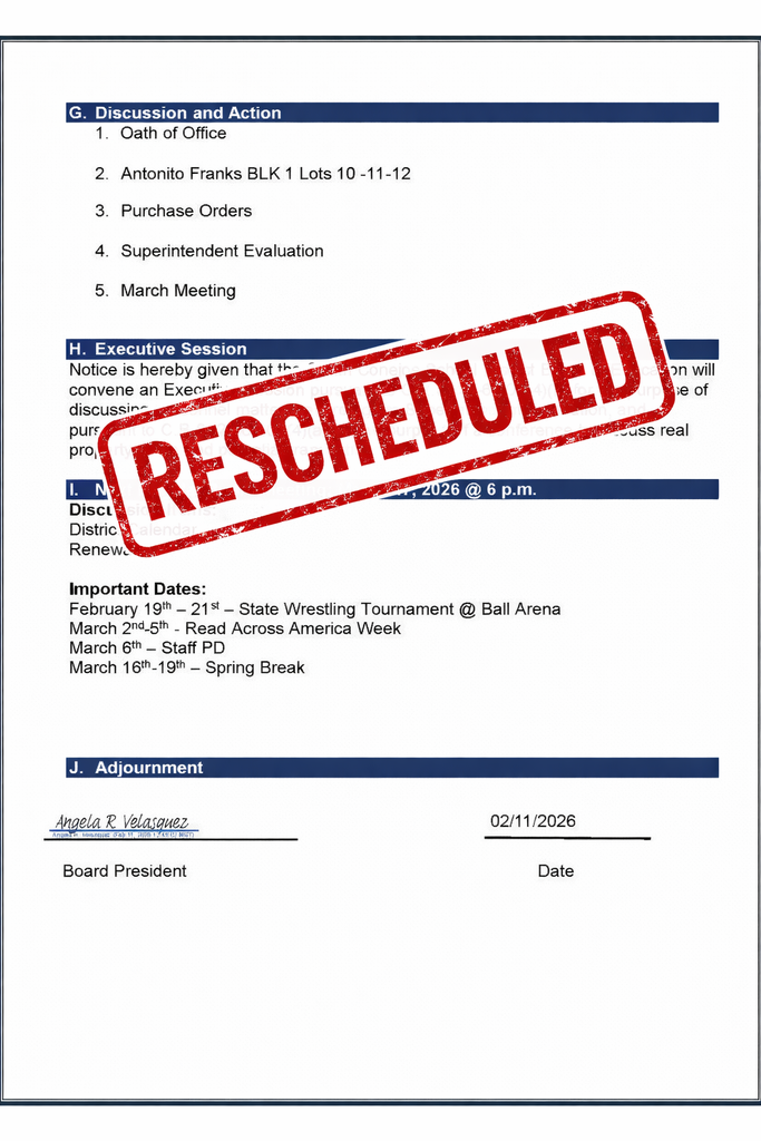 SCSD February 17, 2026 Board meeting rescheduled for February 24, 2026 @ 6:30 pm