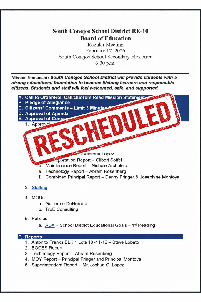 SCSD February 17, 2026 Board meeting rescheduled for February 24, 2026 @ 6:30 pm