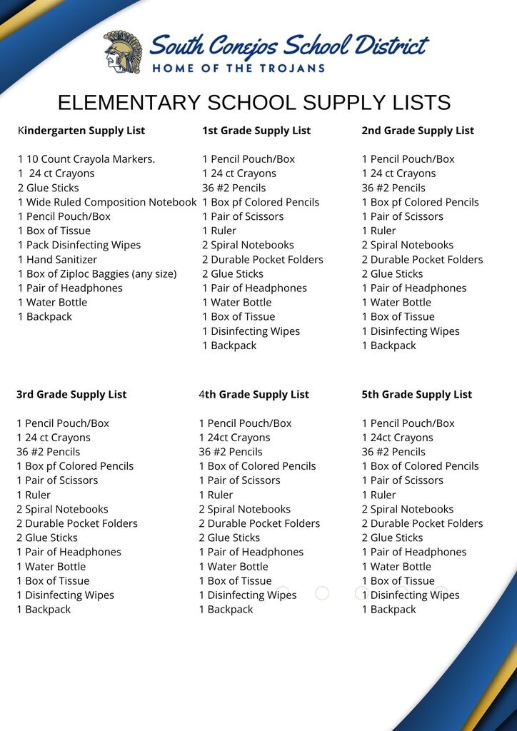 2026 2027 School Supply List Elementary