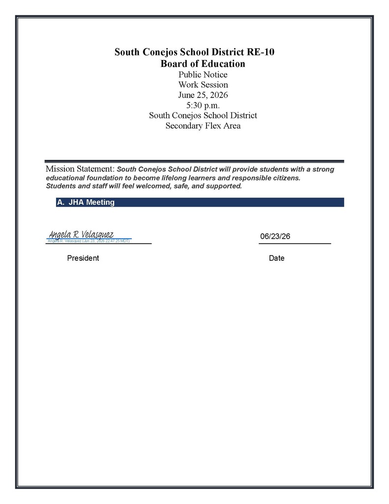 Public Notice: Board of Education Work Session: June 25th @ 5:30 PM - TOPIC: JHA Meeting