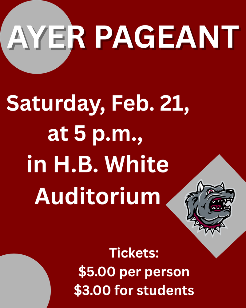 maroon background with gray circles and diamond and Devil Dog mascot announcing Ayer Pageant