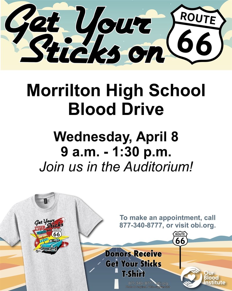 poster designed like a highway driving through the desert on Route 66 with white clouds in the sky.  The poster announces the MHS Blood Drive and advertises the t-shirt donors will receiver with a picture of the t-shirt