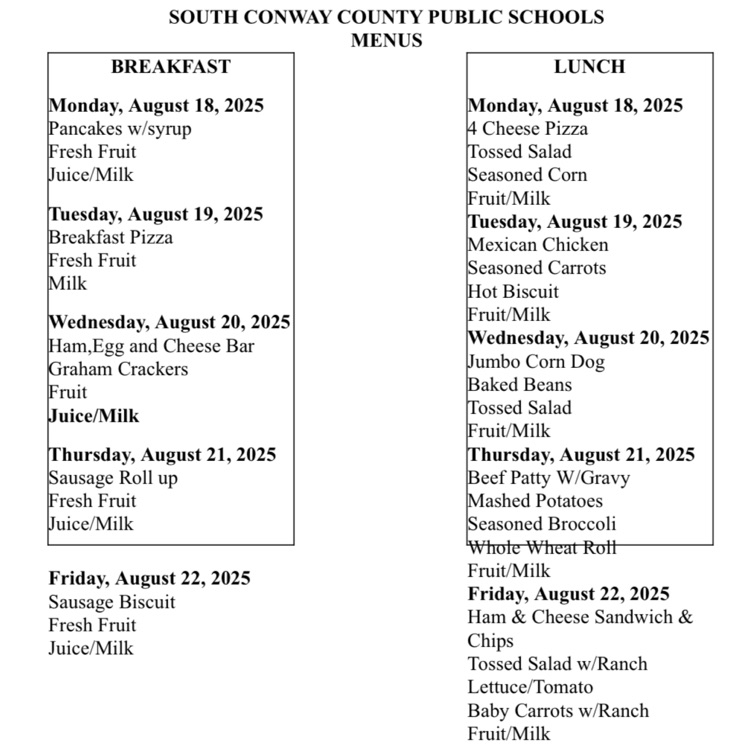 Menus for week of Aug 18