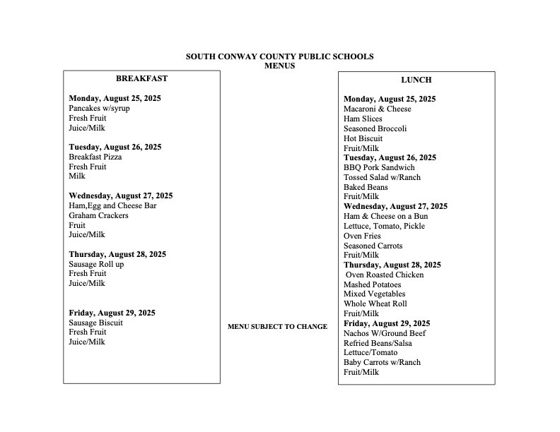 Menus for 8/25-8/29