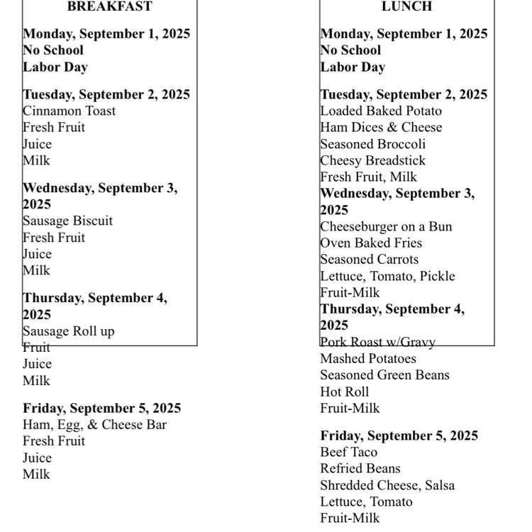 menu week of Sept 2, 2025