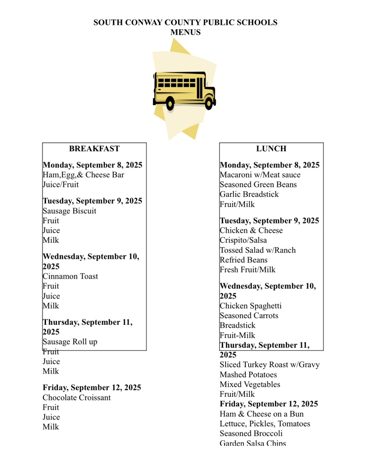 menus for week of Sept 8-12