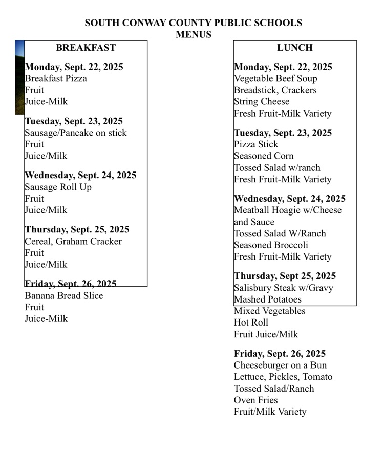 Menu week of 9/22-26