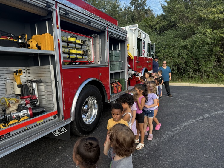 students with the fire truck