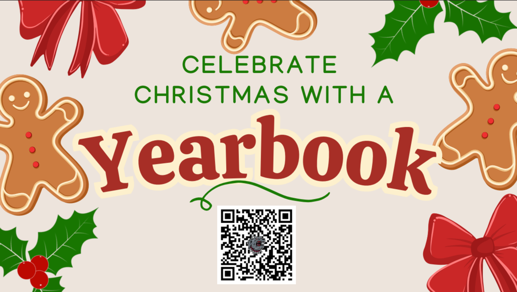 tan background with red bows, holly leaves, and gingerbread men and a QR code to order a yearbook