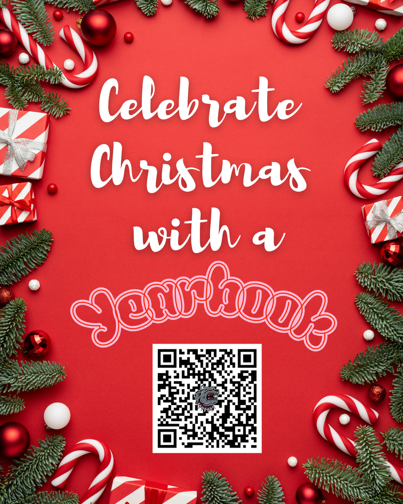 red background with a border of evergreen, red and white baubles, and candy canes, with a QR code to order a yearbook
