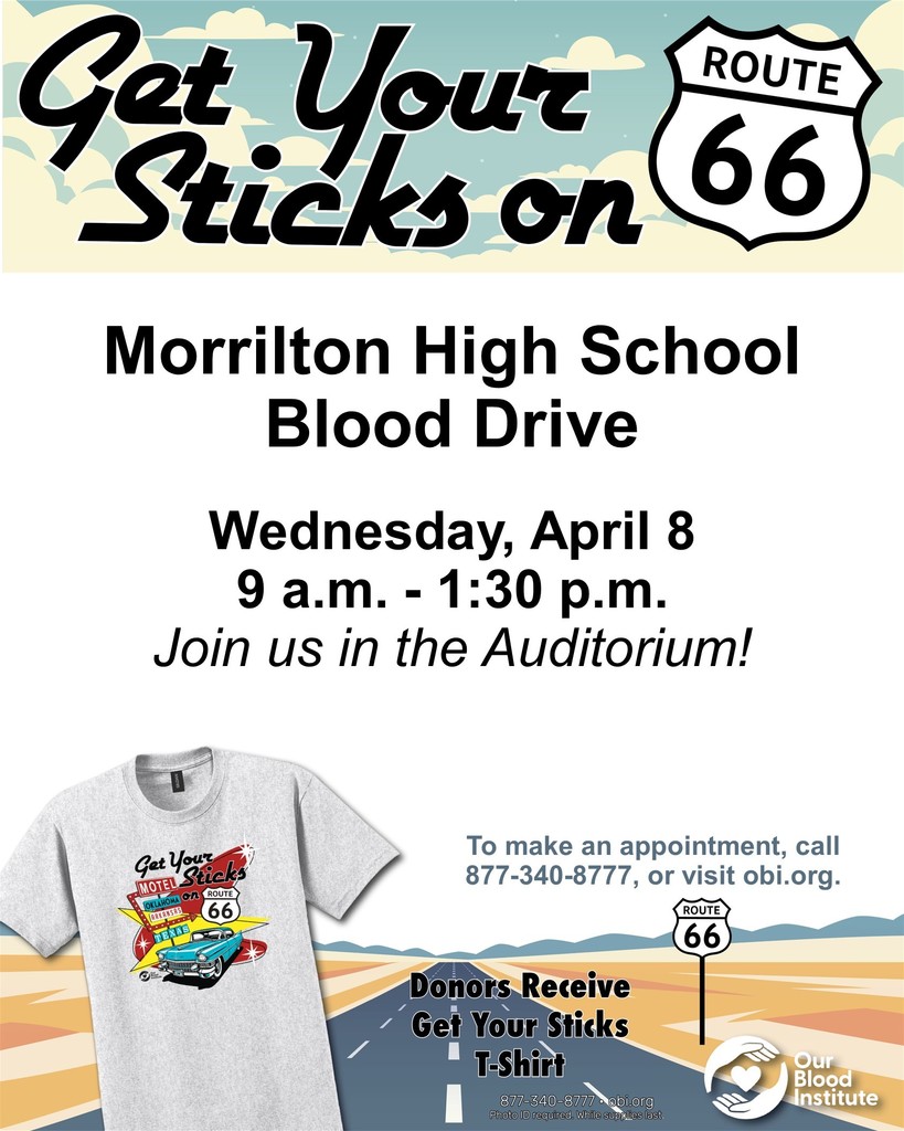 poster designed like a highway driving through the desert on Route 66 with white clouds in the sky.  The poster announces the MHS Blood Drive and advertises the t-shirt donors will receiver with a picture of the t-shirt
