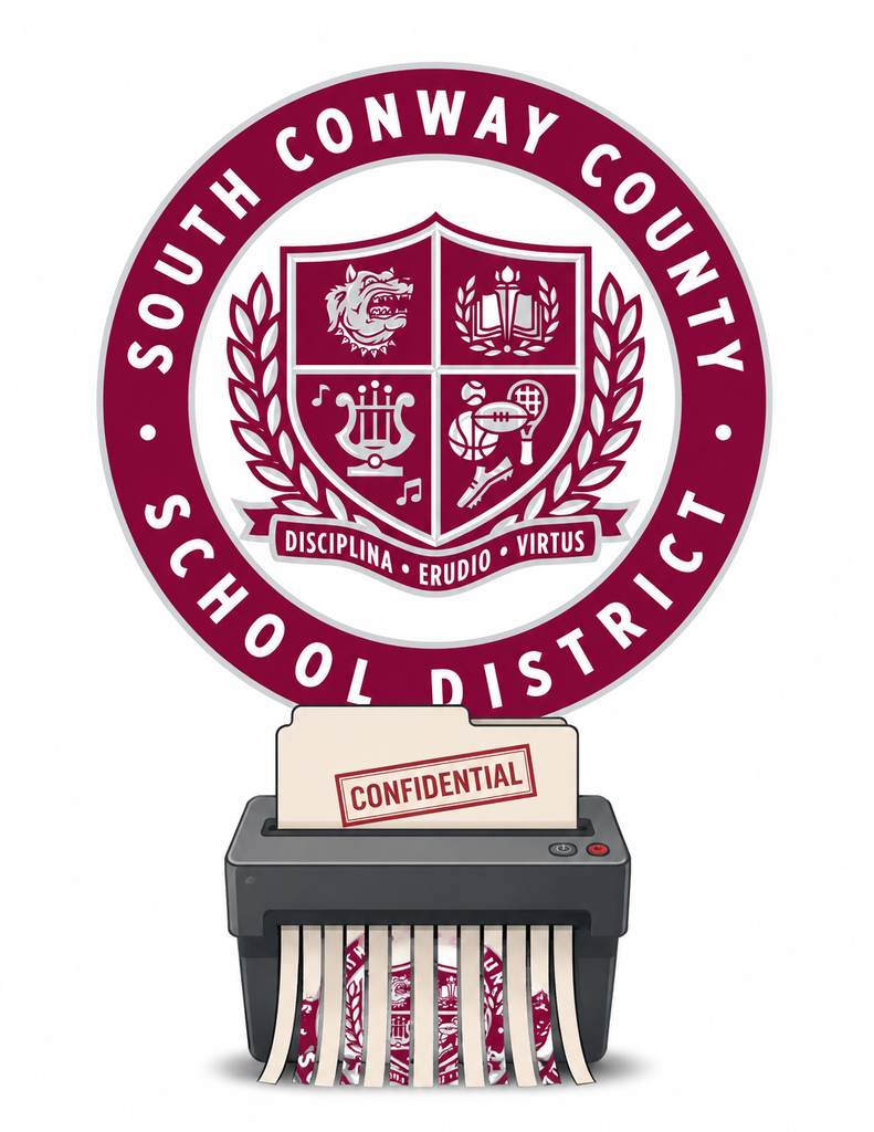 A clean, poster-style graphic on a white background featuring the South Conway County School District seal prominently centered near the top. Beneath the seal is a dark gray office paper shredder. A manila file folder stamped with the word “CONFIDENTIAL” in red is being fed into the shredder. Emerging from the bottom are long shredded paper strips that contain fragments of the district seal’s maroon-and-white design, visually suggesting the destruction of school-related documents. The composition conveys secure document disposal, records destruction, or confidential file shredding.