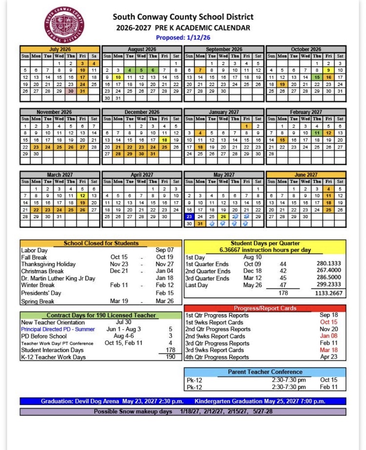 26 27 SCCSD PreK Calendar