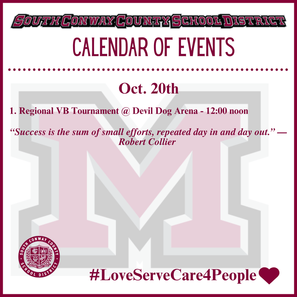 Event calendar with "South Conway County School District" at top. The date is Oct. 20th. "Regional VB Tournament" is scheduled.