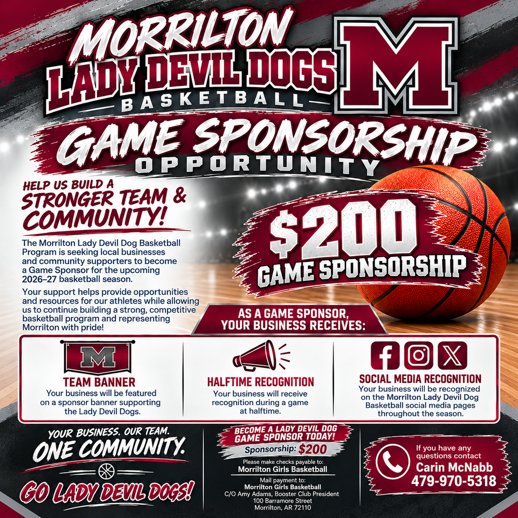 A red and black advertisement for basketball game sponsorship. It offers team banner, halftime recognition, and social media recognition. Cost: $200.