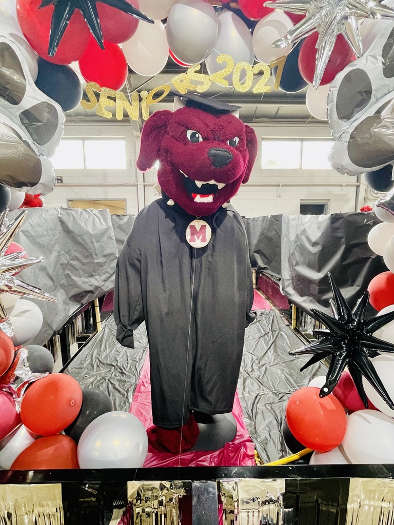 A mascot in a graduation gown stands among red, white, and black balloons, with "Seniors 2021" above.