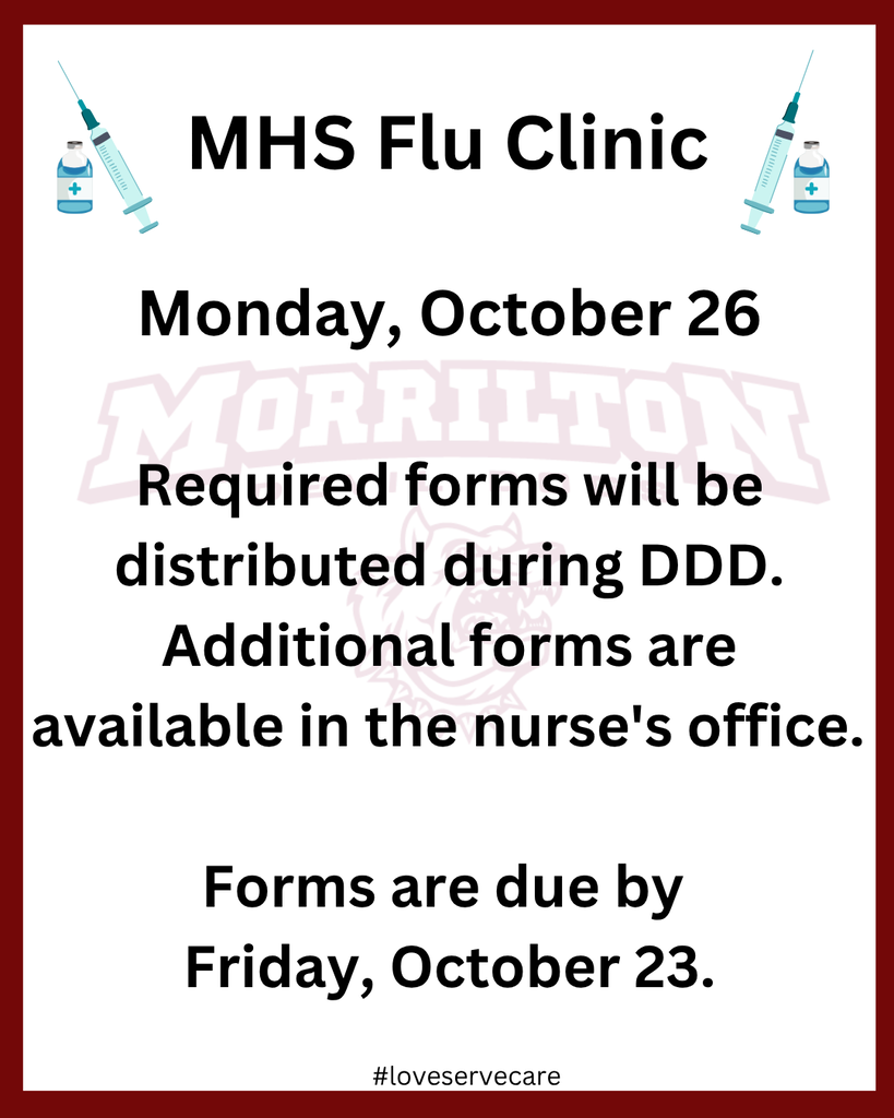 white rectangle with maroon border and Devil Dog mascot in center with syringe and vial in the top right and left corners, announcing MHS flu clinic