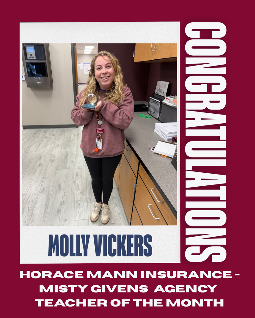 A woman stands in a room holding a trophy. She has long blonde hair and wears a pink top, black pants, and white shoes. Text reads "Molly Vickers" and "Teacher of the Month".