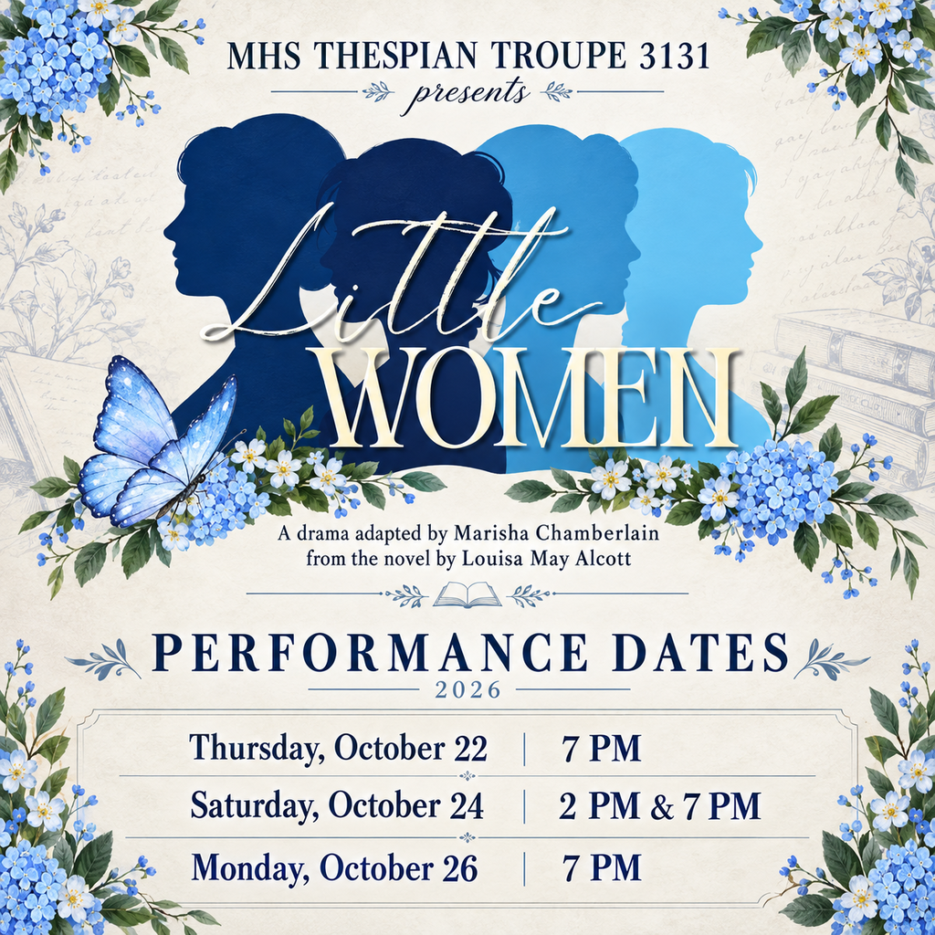 Poster for "Little Women" with silhouetted figures, a blue butterfly, blue flowers, and performance dates on white background.