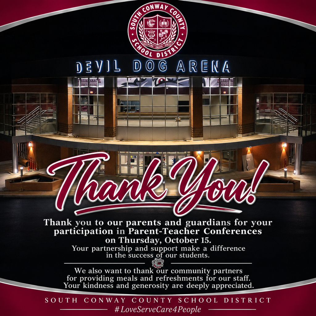 Poster for Devil Dog Arena with a building in the background, glass windows, lit lamps, and text reading "Thank You!"