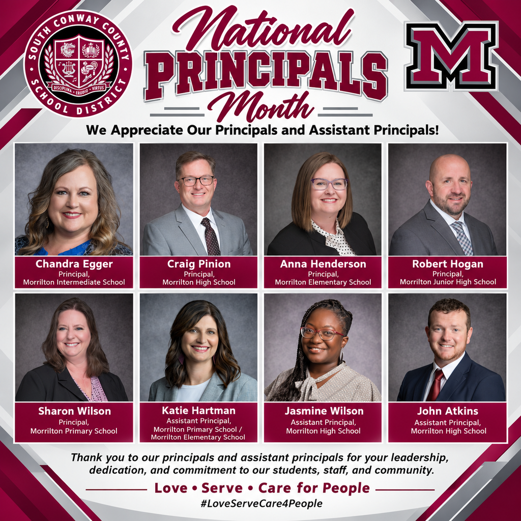 A poster with a red, white, and black theme. It displays nine school officials. A caption reads, "National Principals Month."