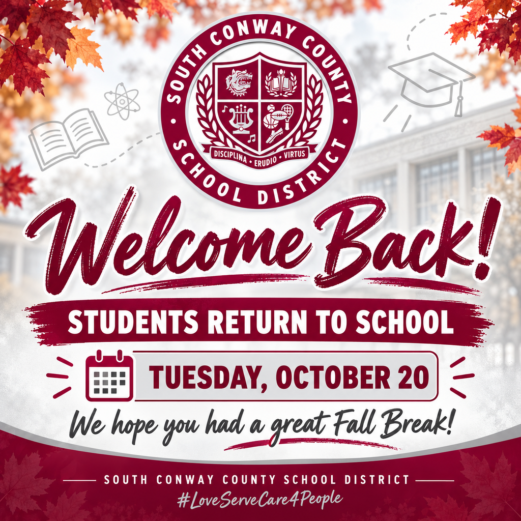 Sign reading "Welcome Back! Students Return to School" above text "Tuesday, October 20". Logo with shield and red text. Fall leaves.