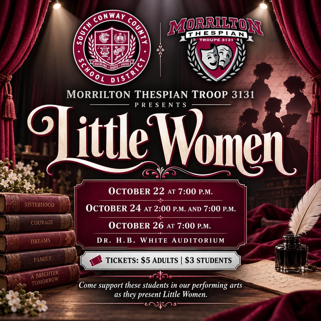Event poster for a school drama, featuring a quill, inkwell, and books, with a red curtain and text.