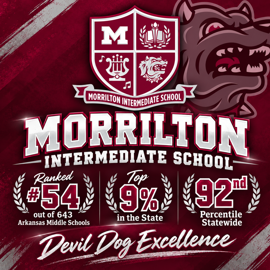 Poster with red background. School logo, "Morrilton Intermediate School", rankings, and "Devil Dog Excellence" on red, white, and black text.