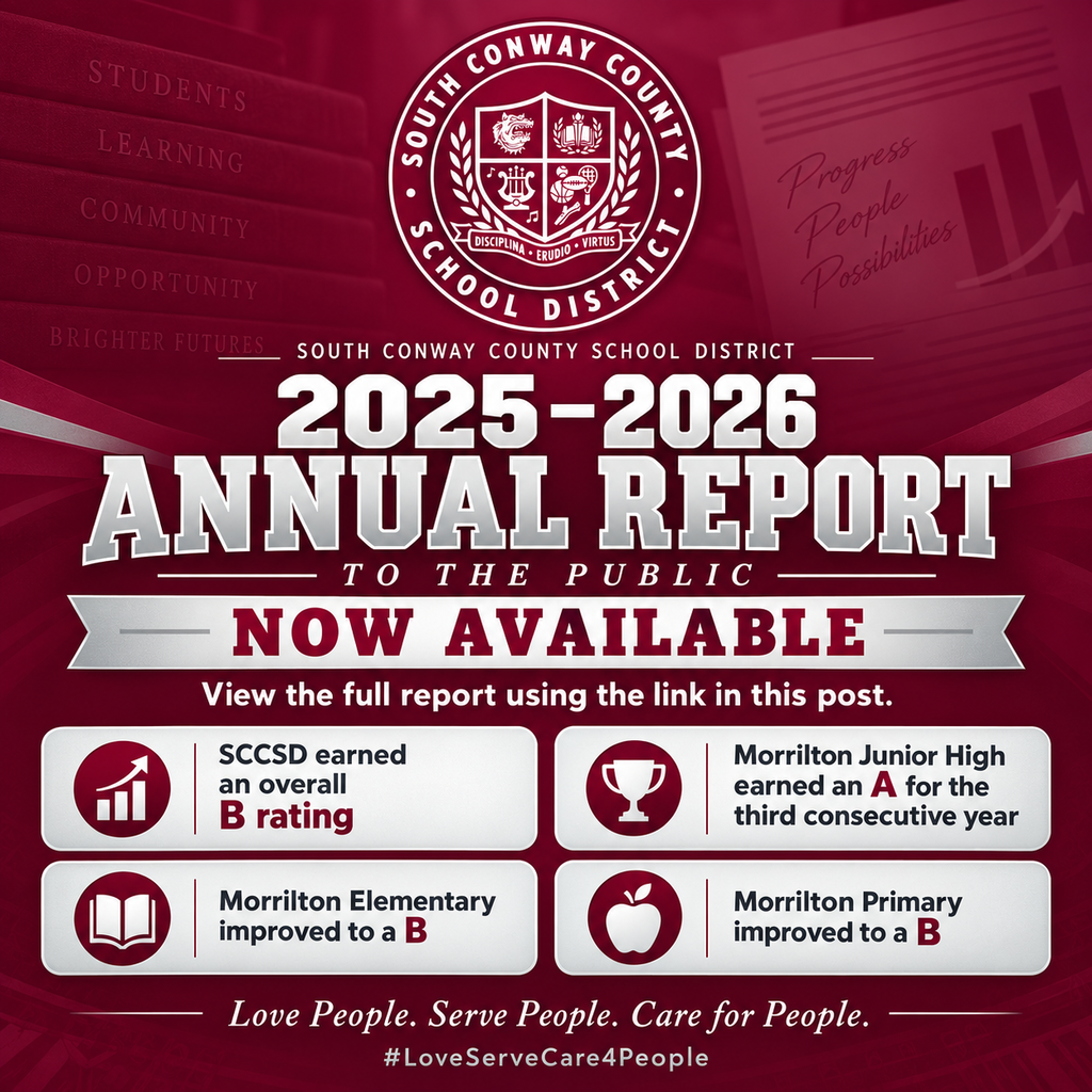 Red background with text and icons. A logo at top. "2025-2026 Annual Report to the Public. Now Available."
