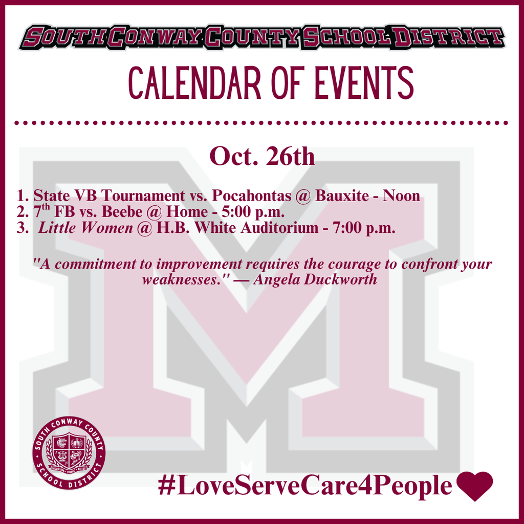 Calendar for Oct 26th shows three events with dates and times. An M logo and school motto.