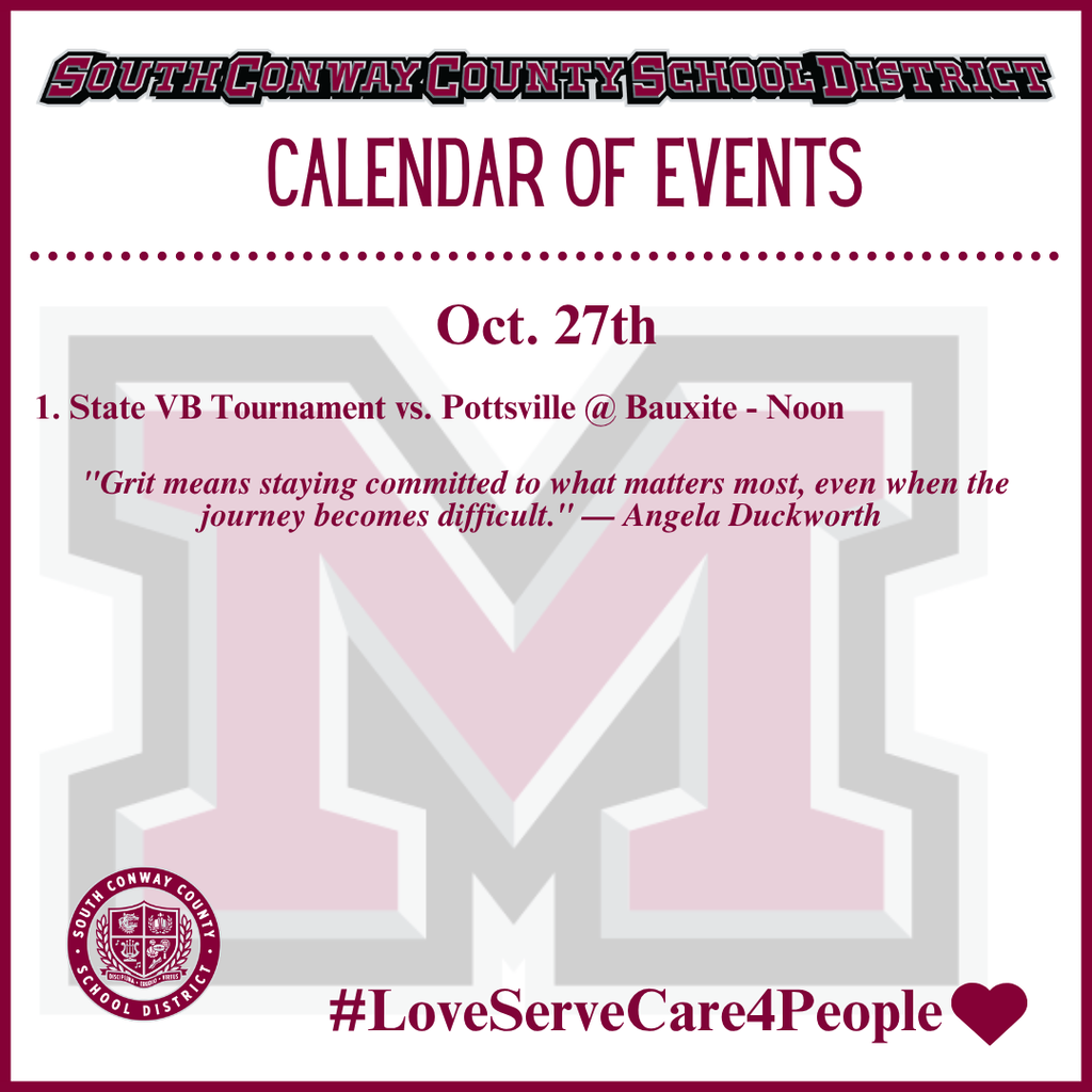 A calendar of events for Oct. 27th. An M logo with red heart. Quote: Grit means staying committed to what matters most, even when the journey becomes difficult.