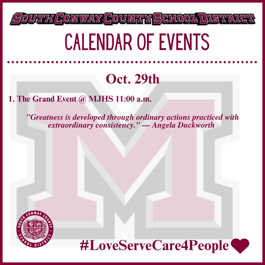 Calendar of events page with an "M" logo and quote "Greatness is developed through ordinary actions practiced with extraordinary consistency."