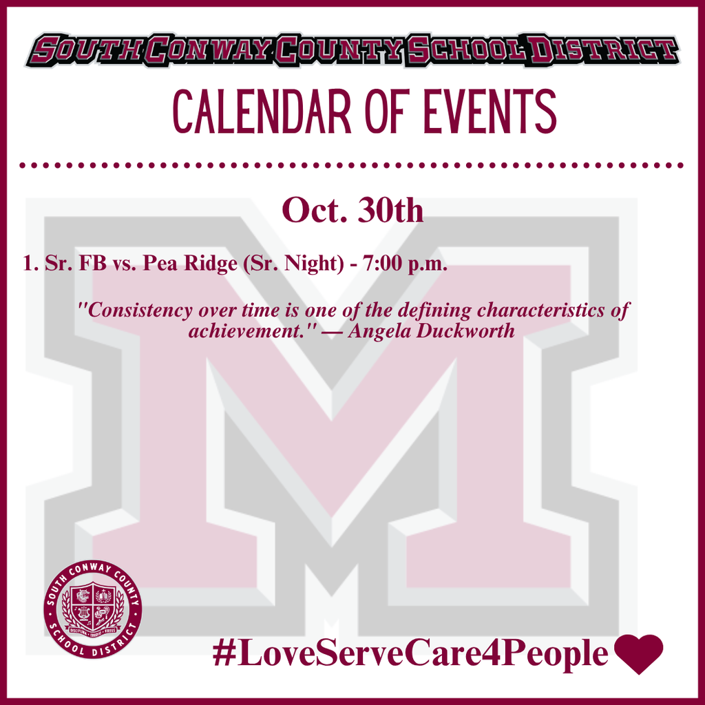School district event calendar with a sports game on Oct. 30th. Red, white, and gray graphic.