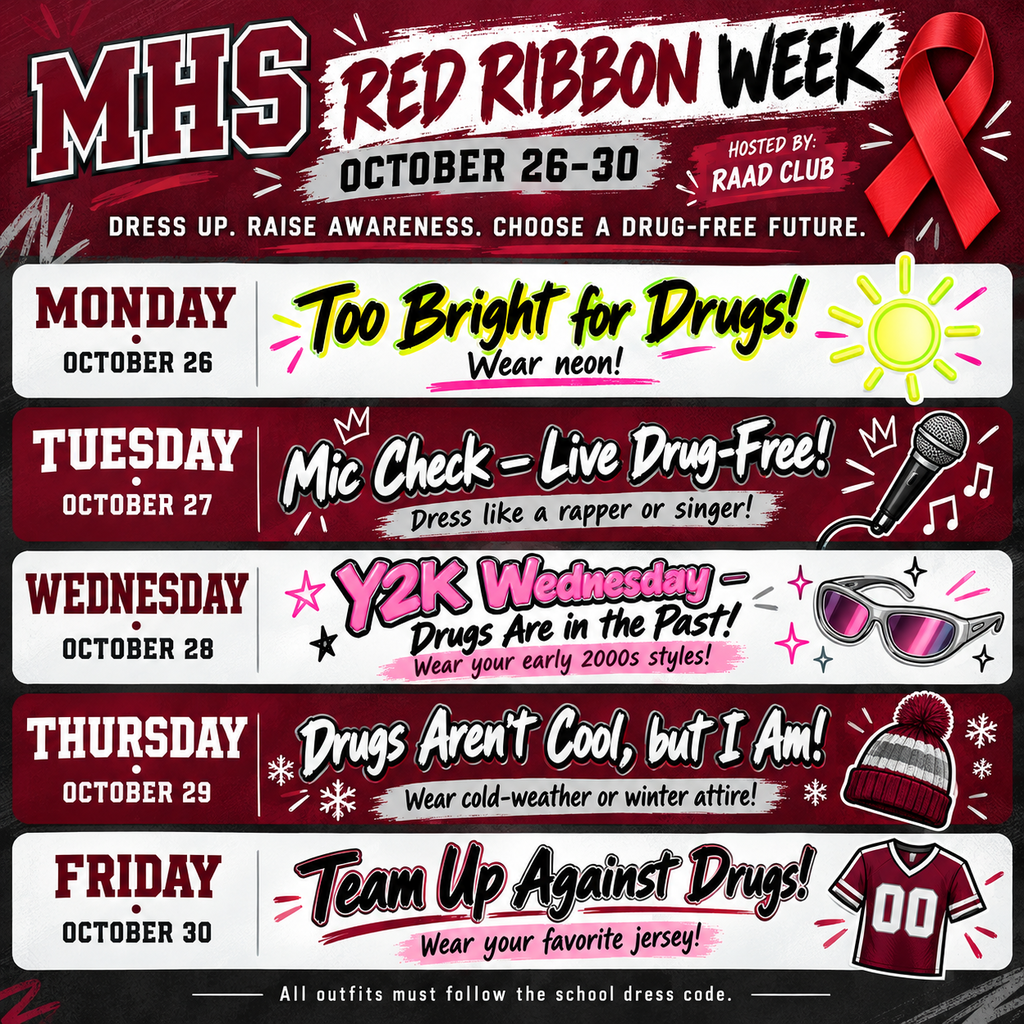 Red poster with red ribbon graphic. Each day has a themed dress code for Red Ribbon Week.
