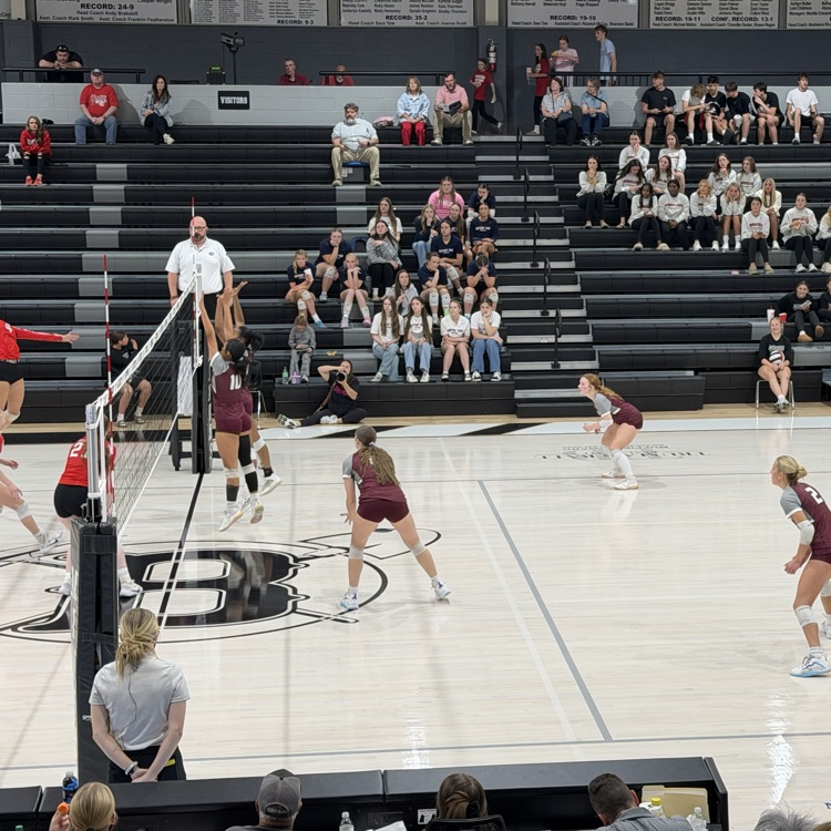People playing volleyball with a net. An audience watches from bleachers. Referee stands near the net.