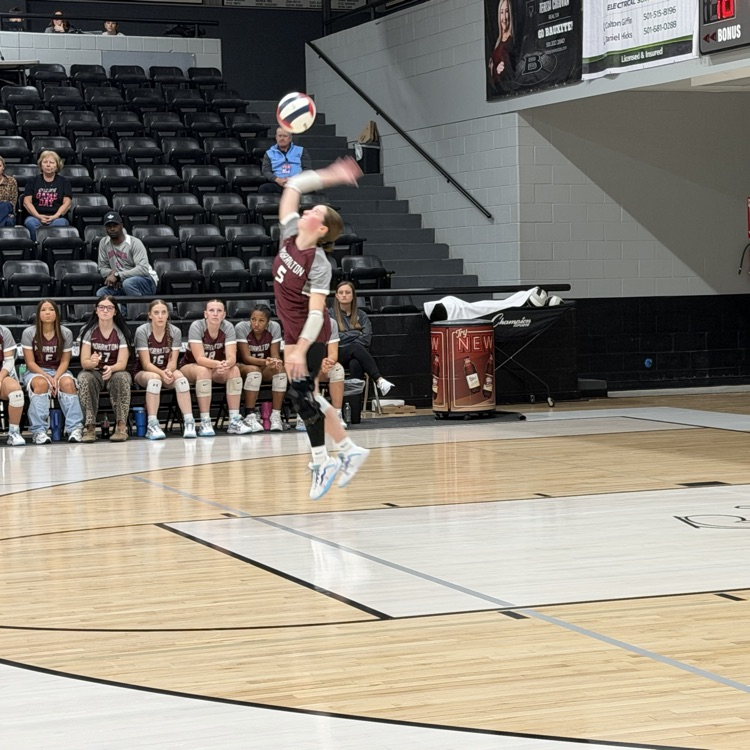 A person jumping over a net in a gymnasium. Spectators watch from bleachers.